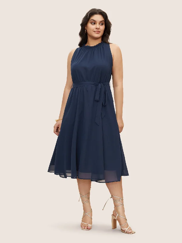 Plus size dresses with durable weaves endure wear -Plain Sleeveless Frill Trim Pocket Belted Mock Neck Dress