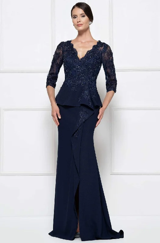 Plus size dresses featuring mesh overlays feel chic -Rina Di Montella - RD2685 Lace Embroidered V-neck Bodice Sheath Dress with Slit