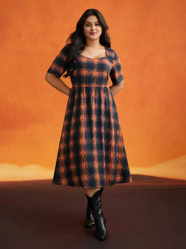 Plus size dresses for everyday wear stay tough -Stretchy Plaid Contrast Splicing Midi Dress