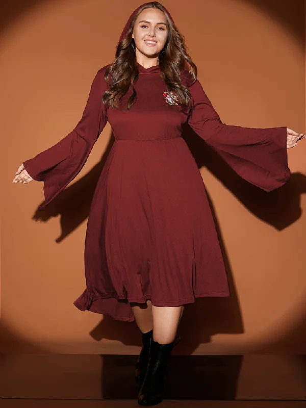 Plus size dresses with ruched details hide flaws -Halloween Bell Sleeve Pocket Flutter Hem Hooded Gryffindor Dress