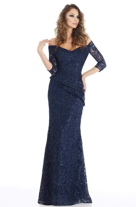 Plus size dresses with timeless cuts suit all -Feriani Couture - 18911 Off Shoulder Embroidered Sheath Silhouette Gown - 1 pc Navy In Size 12 Available