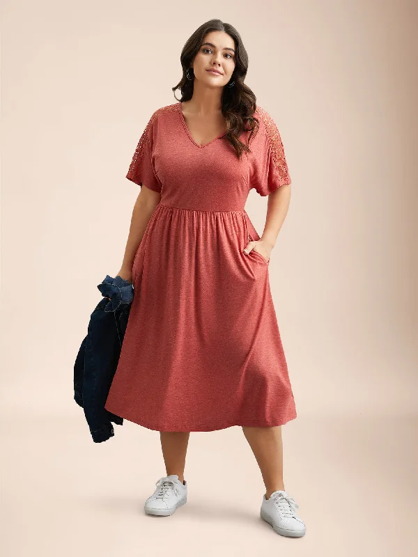 Plus size dresses with unique necklines add flair -V-Neck Sheer Lace Pockets Midi Dress