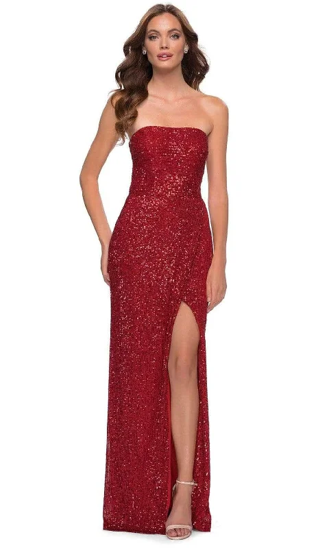 Plus size dresses with matte finishes stay subtle -La Femme - 29681 Sequined Faux Wrap High Slit Junior Prom Dress