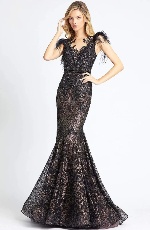 Plus size dresses featuring vibrant colors lift moods -Mac Duggal Black White Red - 79230R Feathered Lace Mermaid Gown