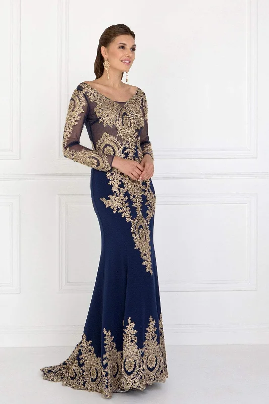 Plus size dresses with adjustable straps fit well -Elizabeth K - GL1597 Illusion Long Sleeve Gilded Lace Sheath Gown