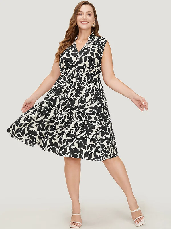 Plus size dresses for work stay professional always -Floral Ptrint Pocket Ruffle Tiered Stand Collar Tank Dress