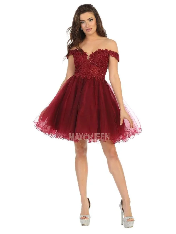 Plus size dresses with jewel tones dazzle quietly -May Queen - MQ1663 Off Shoulder Sheer Lace Bodice Tulle Cocktail Dress