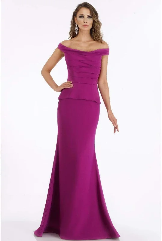 Plus size dresses featuring satin finishes feel smooth -Gia Franco - 12012 Pleated Off-Shoulder Trumpet Dress With Train