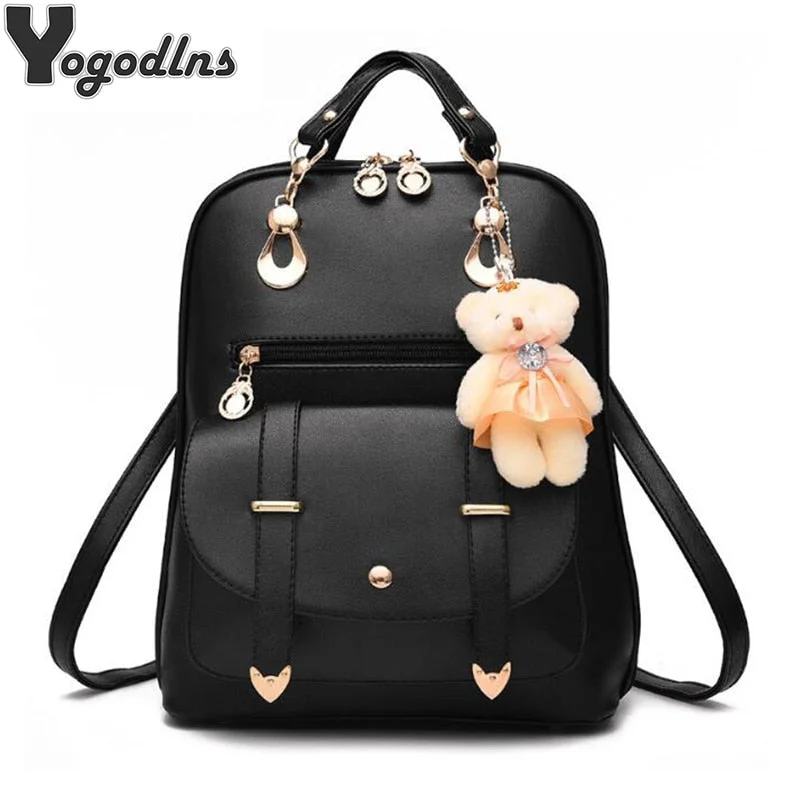 Breathable backpack for long-distance walking comfort -Preppy Style Women Backpack Bear Toys PU Leather Schoolbags for Teenage Girls Female Rucksack Shoulder Bag Travel Knapsack