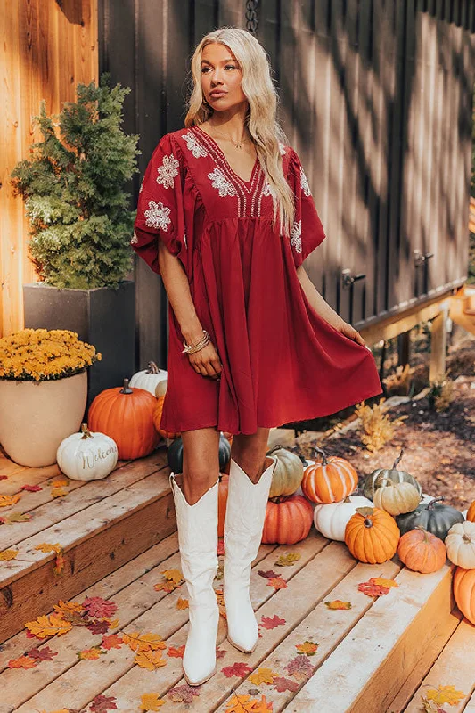 Plus size dresses with durable weaves endure wear -Tucson Sunsets Embroidered Mini Dress in Dark Scarlet