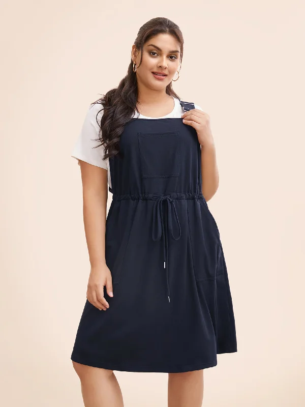 Trendy plus size dresses with bold prints stand out -Plain Pocket Drawstring Overall Dress