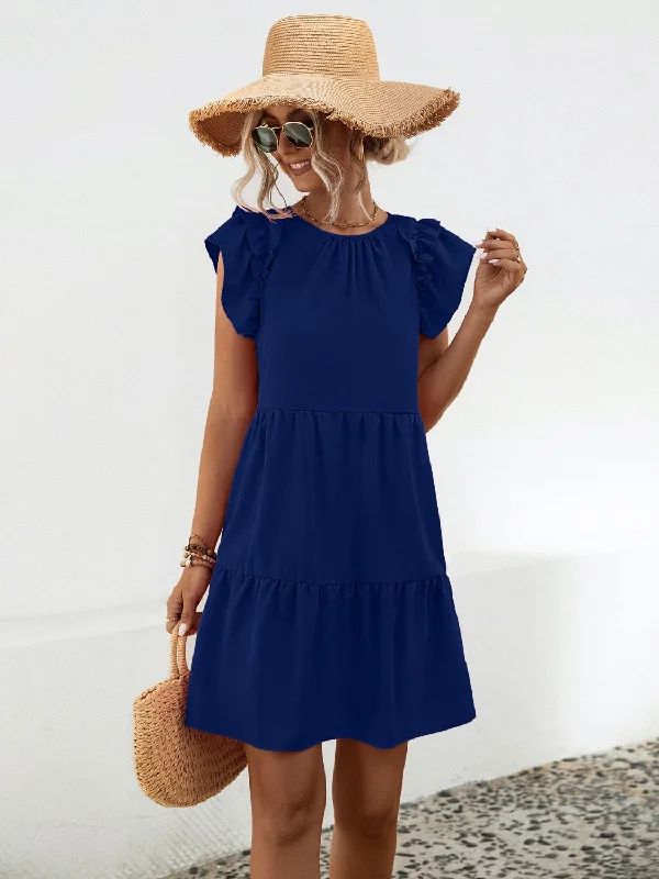 Plus size dresses with shiny threads reflect light -Ruffled Round Neck Cap Sleeve Mini Dress