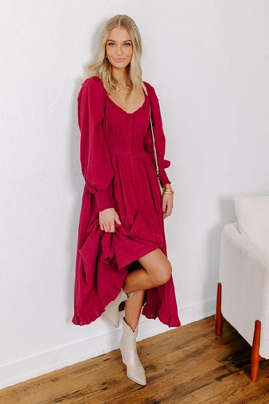 Plus size dresses with sleek fits elongate frames -Sunset Views Button Down Midi in Wine