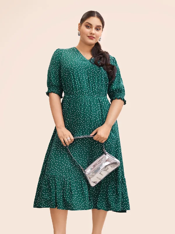 Plus size dresses with sleek necks stay elegant -Polka Dot Shirred Pocket Flutter Hem Dress