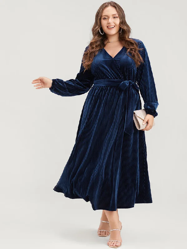 Plus size dresses with soft textures feel cozy -Striped Velvet Pocket Lantern Sleeve Belted Wrap Dress