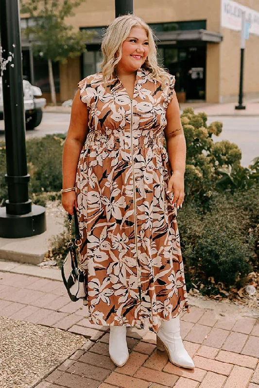 Plus size dresses featuring beaded hems are ornate -Winery Welcome Floral Midi in Camel Curves