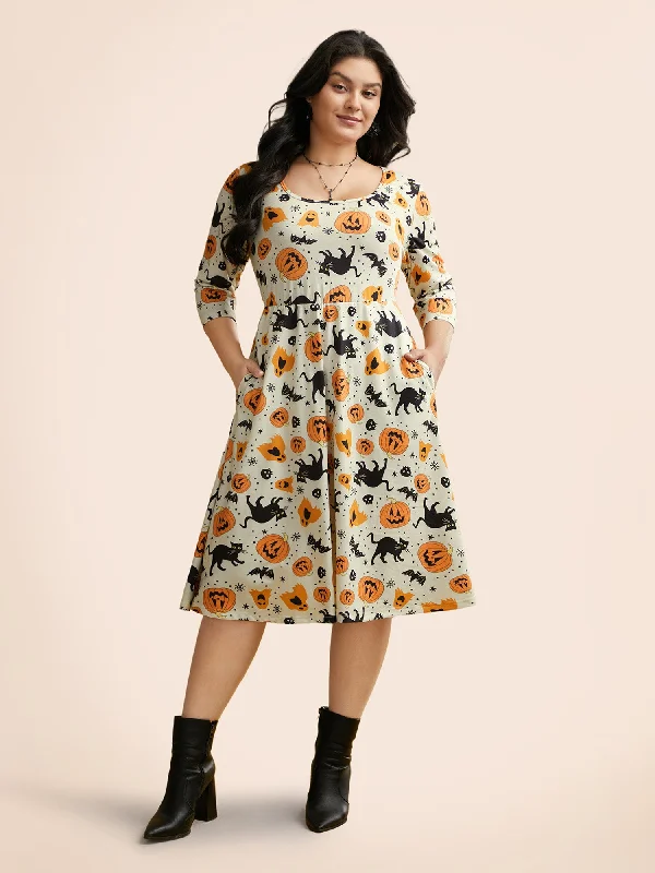 Plus size dresses for bold outfits match well -Pumpkin Spiced Elastic Waist Printed Midi Dress