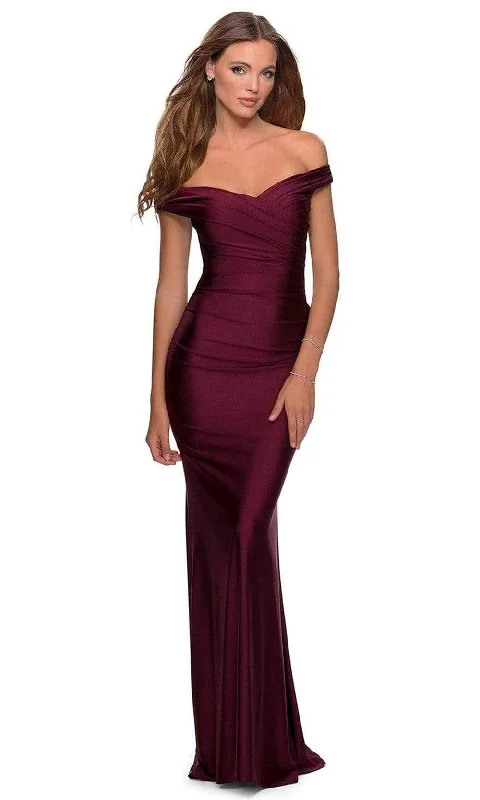 Affordable plus size dresses for casual days stay chic -La Femme - 28450 Off-Shoulder Ruched Jersey Simple Prom Sheath Dress