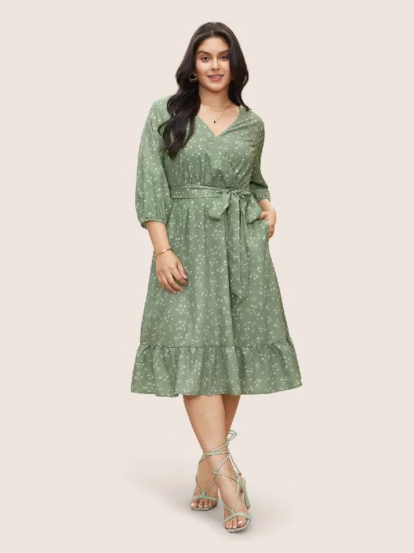 Plus size dresses with wrap fronts fit well -Ditsy Floral Belted Surplice Neck Gathered Dress