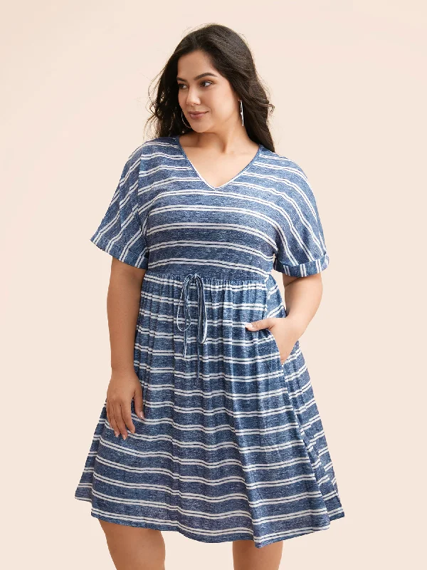 Plus size dresses with shiny threads reflect light -Striped Ties Pocket Roll sleeve Dress