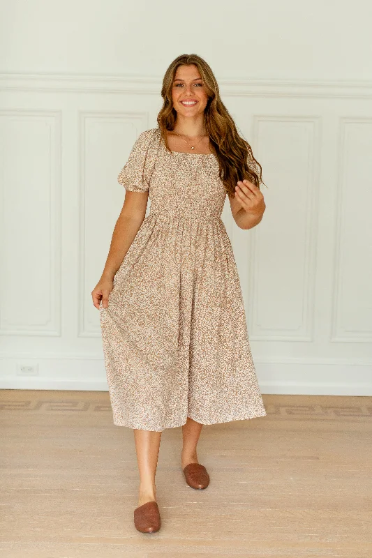 Plus size dresses for elegant dinners glow softly -'Maud' Smocked Square Neck Floral Midi Dress in Taupe