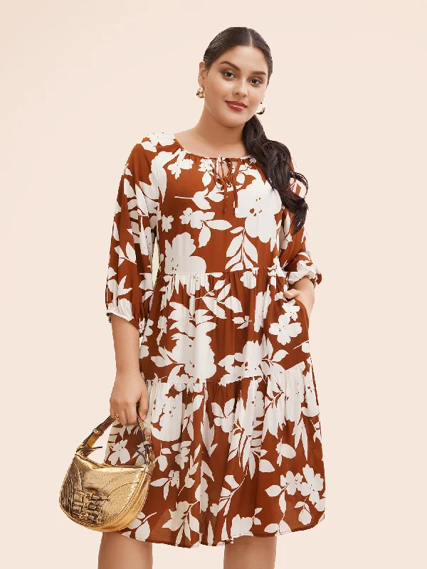 Plus size dresses with sleek fits elongate frames -Silhouette Floral Print Knot Neck Lantern Sleeve Dress