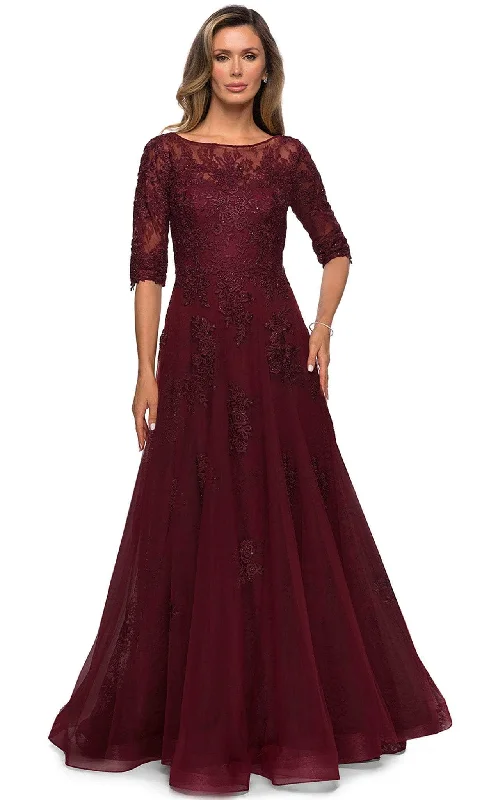 Plus size dresses featuring boho vibes are chic -La Femme - 28036 Quarter Length Sleeve Floral Lace A-Line Gown