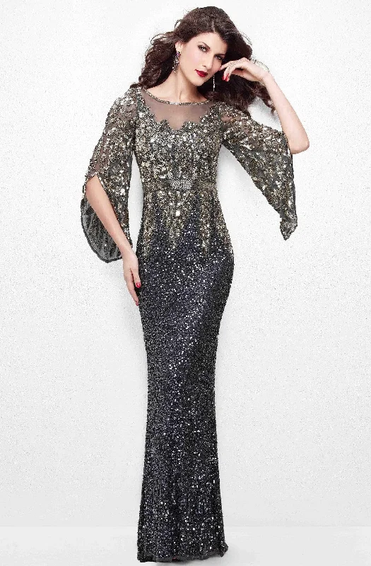 Plus size dresses featuring textured weaves add interest -Primavera Couture - Stunning Two-Tone Sequin Embellished Long Gown with Batwing Sleeves 1424