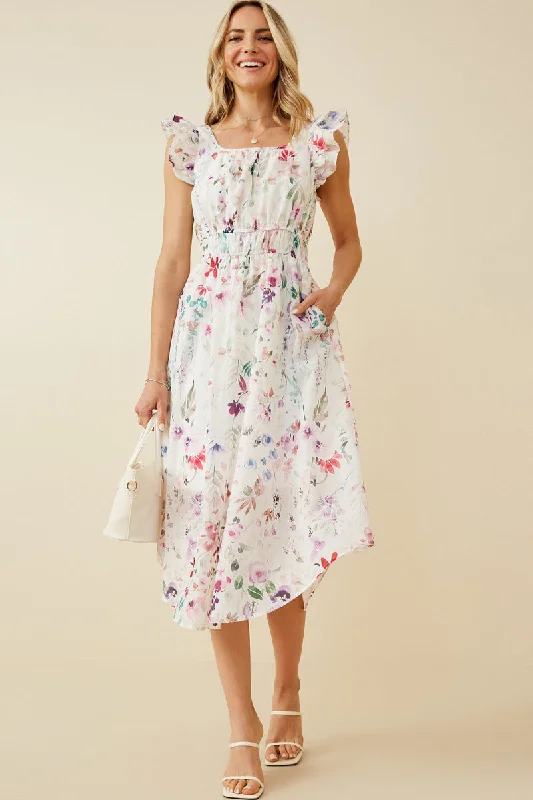 Plus size dresses with wide belts define waists -Faint Floral Ruffled Shoulder Midi Dress