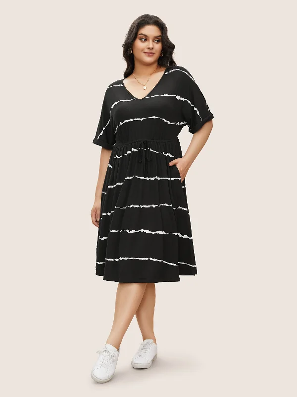 Plus size dresses for casual Fridays stay relaxed -Tie Dye Roll Dolman Sleeve Pocket Gathered Knot Striped Dress