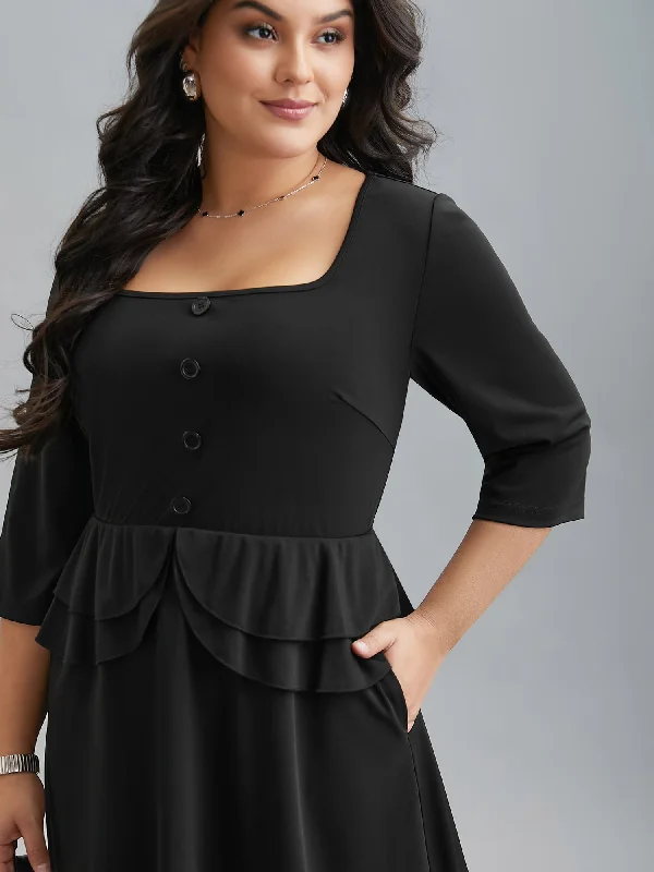 Plus size dresses featuring laser-cut details are unique -Ruffle Trim Button Front Midi Dress