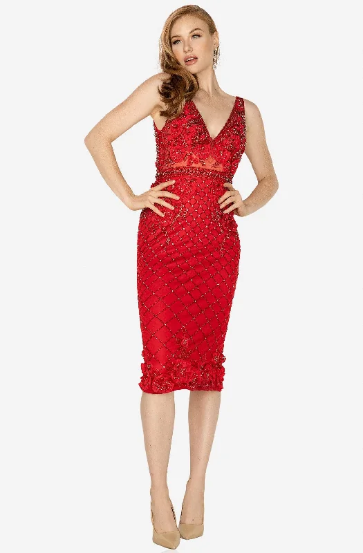 Plus size dresses with fitted bodices shape beautifully -Terani Couture - 2011C2005 Embellished Plunging V-neck Sheath Dress