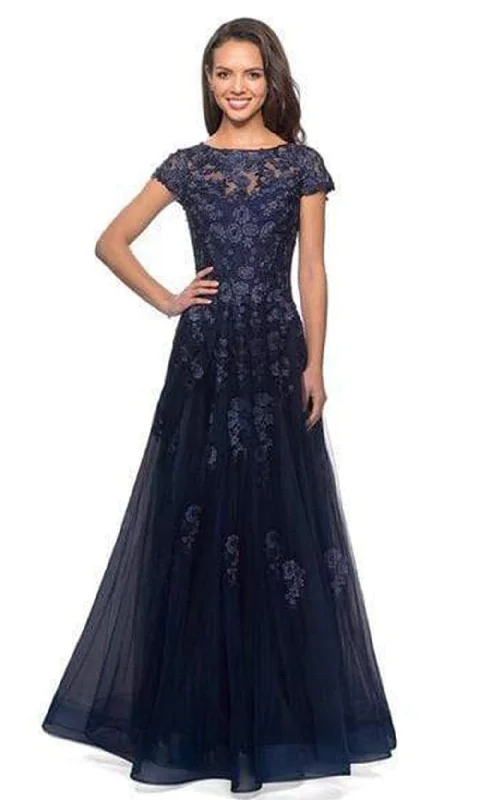 Plus size dresses with tough fabrics age well -La Femme - Short Sleeves Lace Tulle Evening Gown 26907SC - 1 pc Navy In Size 16 Available