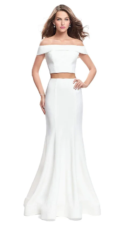 Plus size dresses with long sleeves cover comfortably -La Femme - 25578 Two-Piece Fold-Over Off Shoulder Jersey Gown