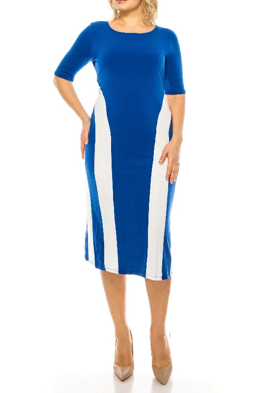 Plus size dresses with lightweight materials feel easy -ILE Clothing ITS300 - White Stripes On Sides Midi Formal Dress