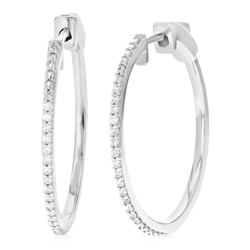 Best hoop earrings with textured silver for a rustic and organic finish-1/4 cttw Round Lab Grown Diamond Hoop Earrings .925 Sterling Silver Prong Set 1 Inch Size