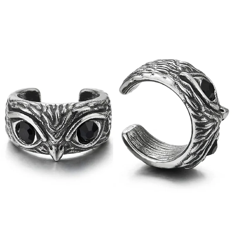 Hoop earrings with spiral designs for a dynamic and fluid look-2pcs Mens Women Steel Ear Cuff Ear Clip Non-Piercing Clip On Earrings Vintage Owl Cubic Zirconia Eyes