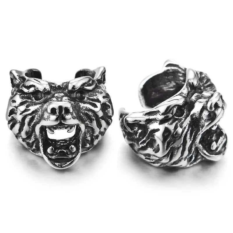 Best hoop earrings with matte finish for a sophisticated, understated design-2pcs Mens Womens Steel Vintage Roaring Wolf Head Ear Cuff Ear Clip Non-Piercing Clip On Earrings