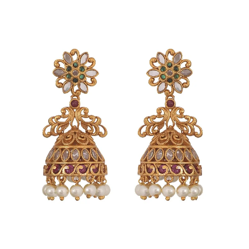 Hoop earrings with hearts for a sweet and romantic gesture-Antique Gold Plated Floral Peacock Jhumki Earrings