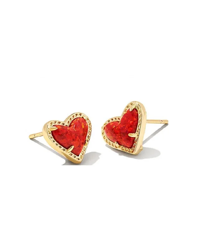 Best hoop earrings with intricate beaded details for a textured, stylish appearance-Ari Heart Gold Stud Earring in Red Kyocera Opal