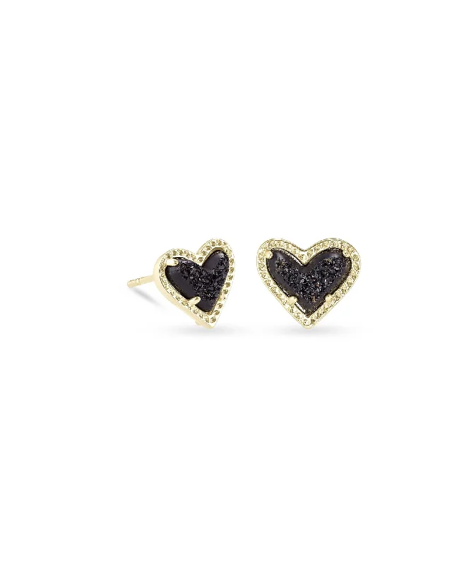 Lightweight hoop earrings for comfortable and all-day wear-Ari Heart Gold Stud Earring in Black Drusy