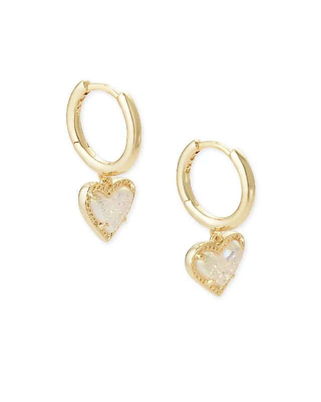 Hoop earrings with textured finishes for a vintage and classic style-Ari Heart Huggie Earring in Gold Iridescent Drusy