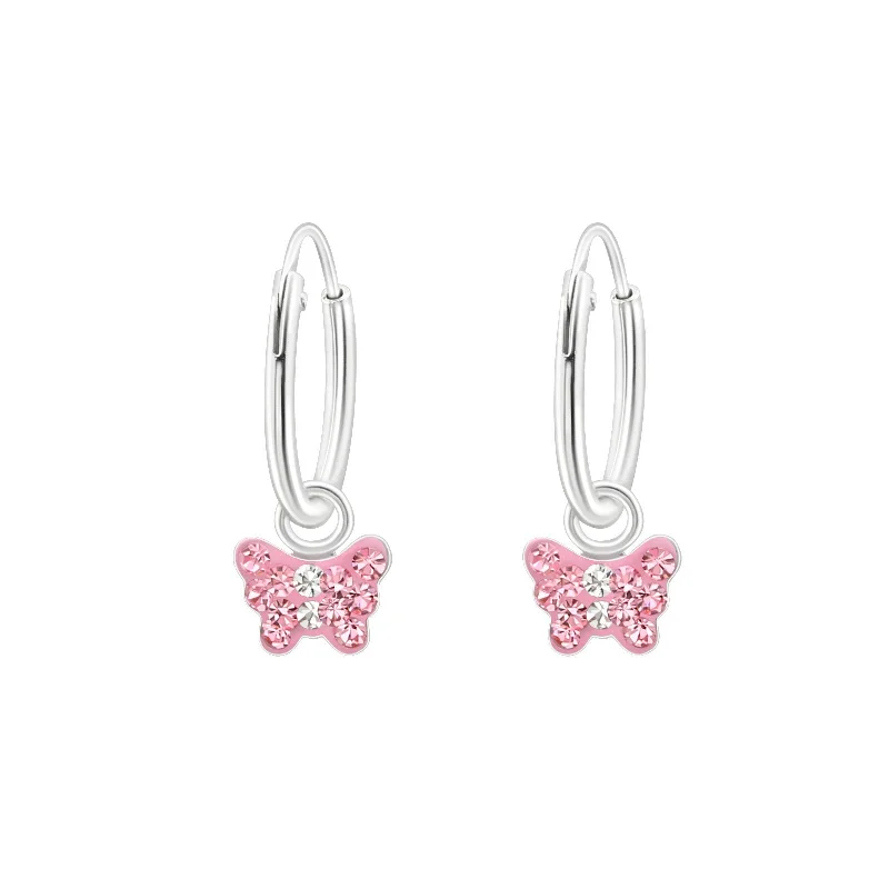 Best hoop earrings with geometric cuts for a sharp, modern appeal-Children's Sterling Silver 'Pink Crystal Butterfly' Hoop Earrings