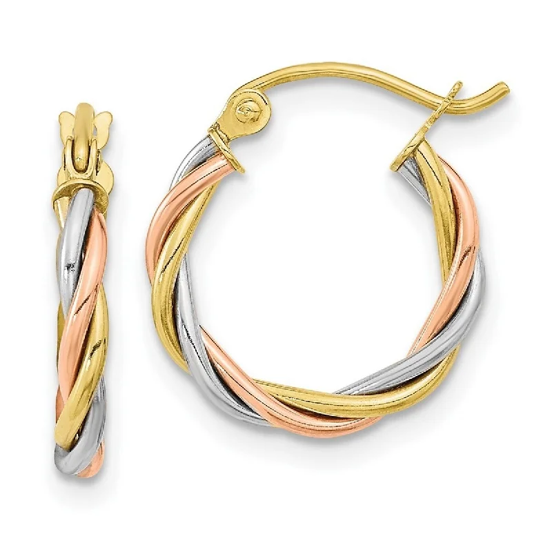 Small hoop earrings for a delicate and understated everyday wear-Curata 10k Tri-color Gold Polished 2.5x16mm Twisted Hoop Earrings Jewelry Gifts for Women