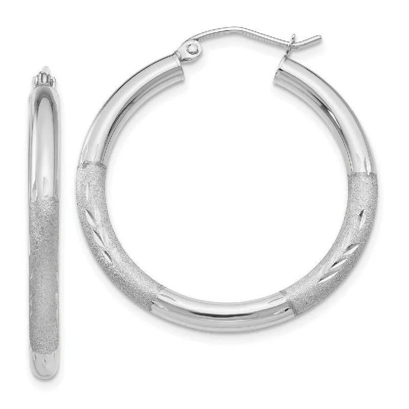 Best hoop earrings with angel wing accents for a spiritual and meaningful design-Curata 10k White Gold Satin and Sparkle Cut 3x31mm Round Hoop Earrings