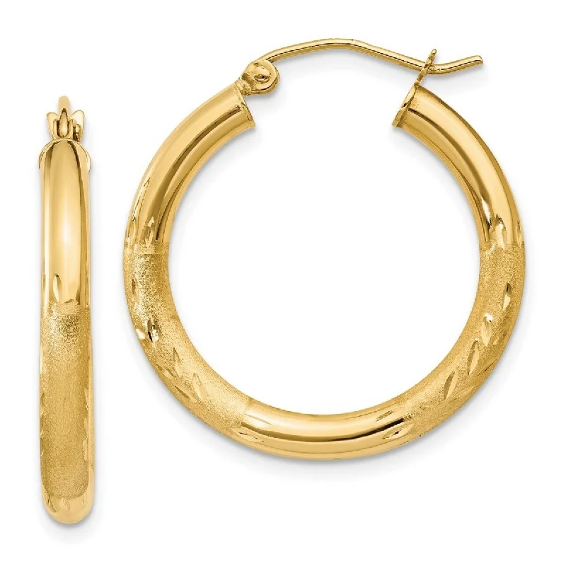 Hoop earrings with stacked layers for a bold and textured design-Curata 10k Yellow Gold Satin and Sparkle Cut 3x25mm Round Hoop Earrings