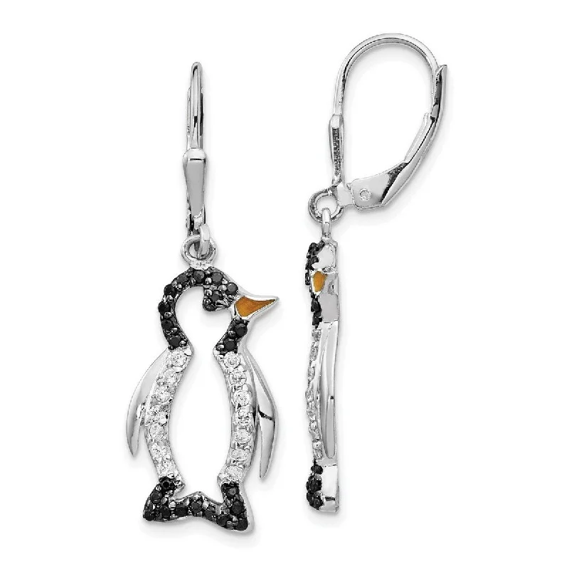 Best hoop earrings with stacked layers for a dimensional and bold look-Curata 925 Sterling Silver Dangle Enameled Blk and Wht CZ Cubic Zirconia Simulated Diamond Penguin Leverback Earrings Measures