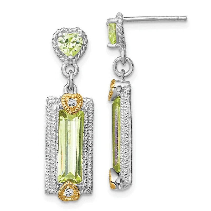 Best hoop earrings with vintage-style detailing for a nostalgic and timeless look-Curata 925 Sterling Silver Dangle Textured Polished Open back and Gold Plated Light Green CZ Cubic Zirconia Simulated Diamond