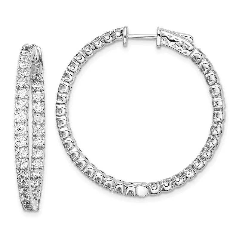 Best hoop earrings with minimal embellishments for a sleek and modern look-Curata 925 Sterling Silver Polished Hinged hoop Safety clasp Rhodium plated CZ Cubic Zirconia Simulated Diamond Round Hoop Earri