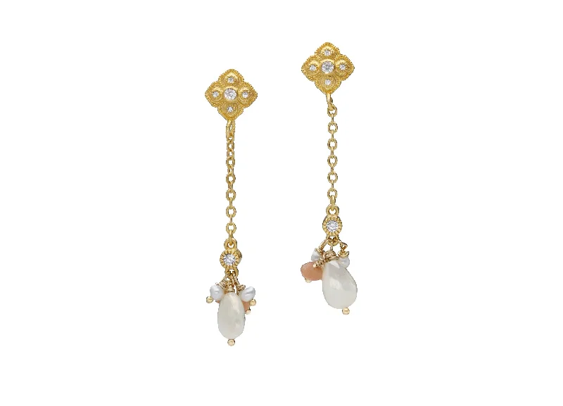 Best hoop earrings with snake-inspired designs for an edgy and fierce vibe-White moonstone and peach tourmaline Semiprecious Dangle Earrings